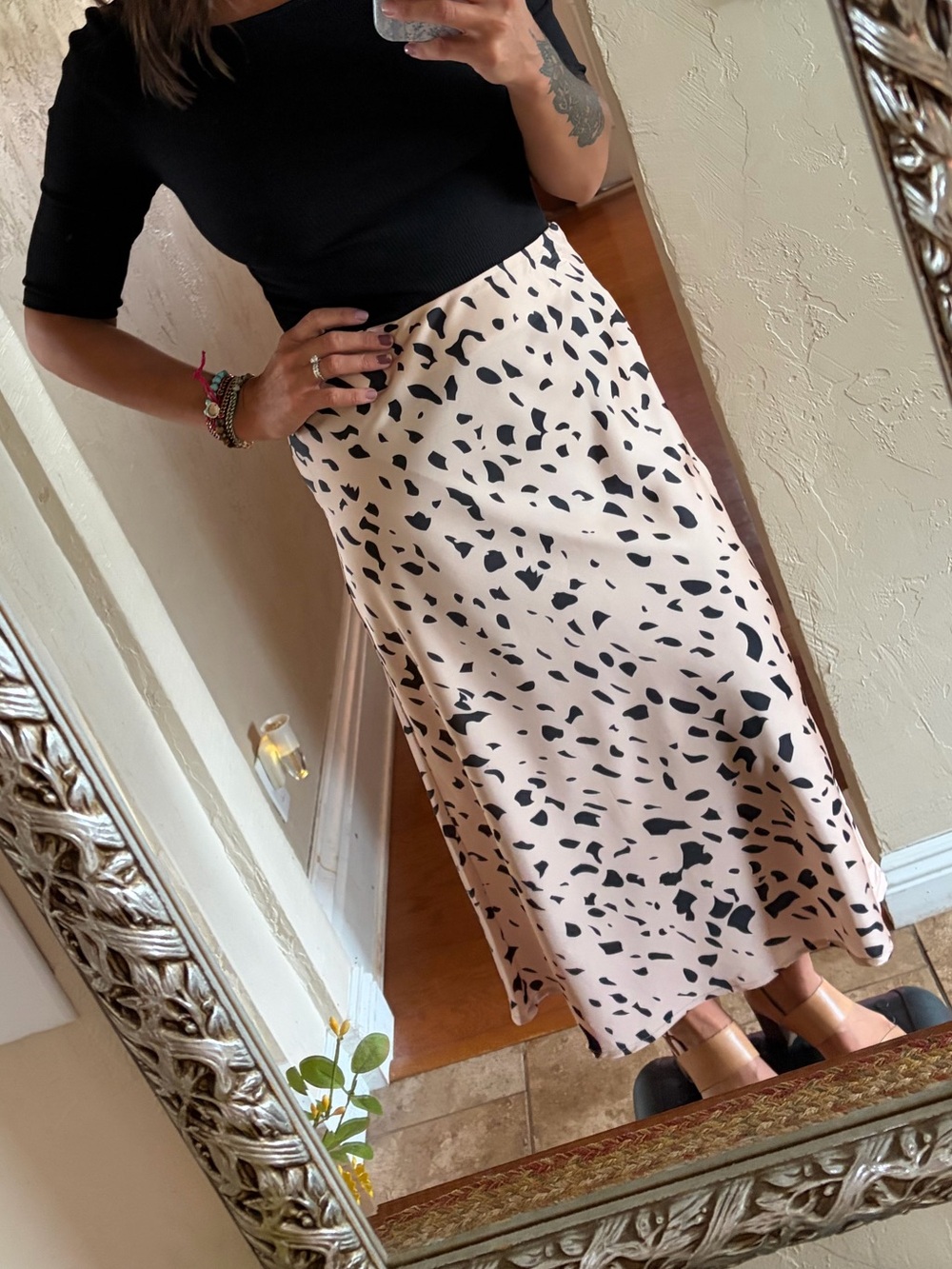 SHEIN Beige Midi Skirt with Black Spot Print